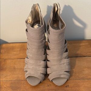 BCBGeneration Gray Heels with Open-Toe Design and High Stiletto Heel